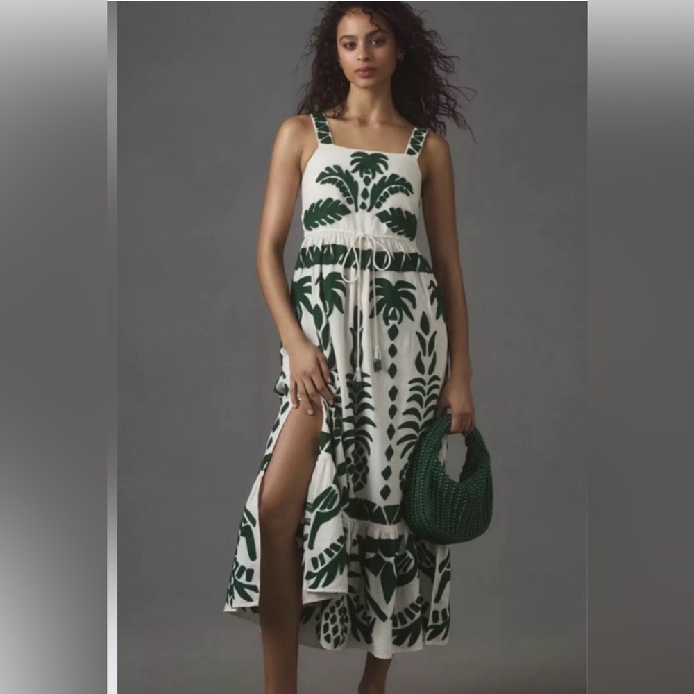 FARM Rio Green and White Embroidered Patchwork Midi Dress Size M